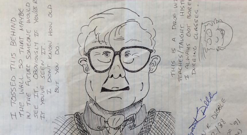 A characiture drawn by an alumnus was found behind a wall during remodel