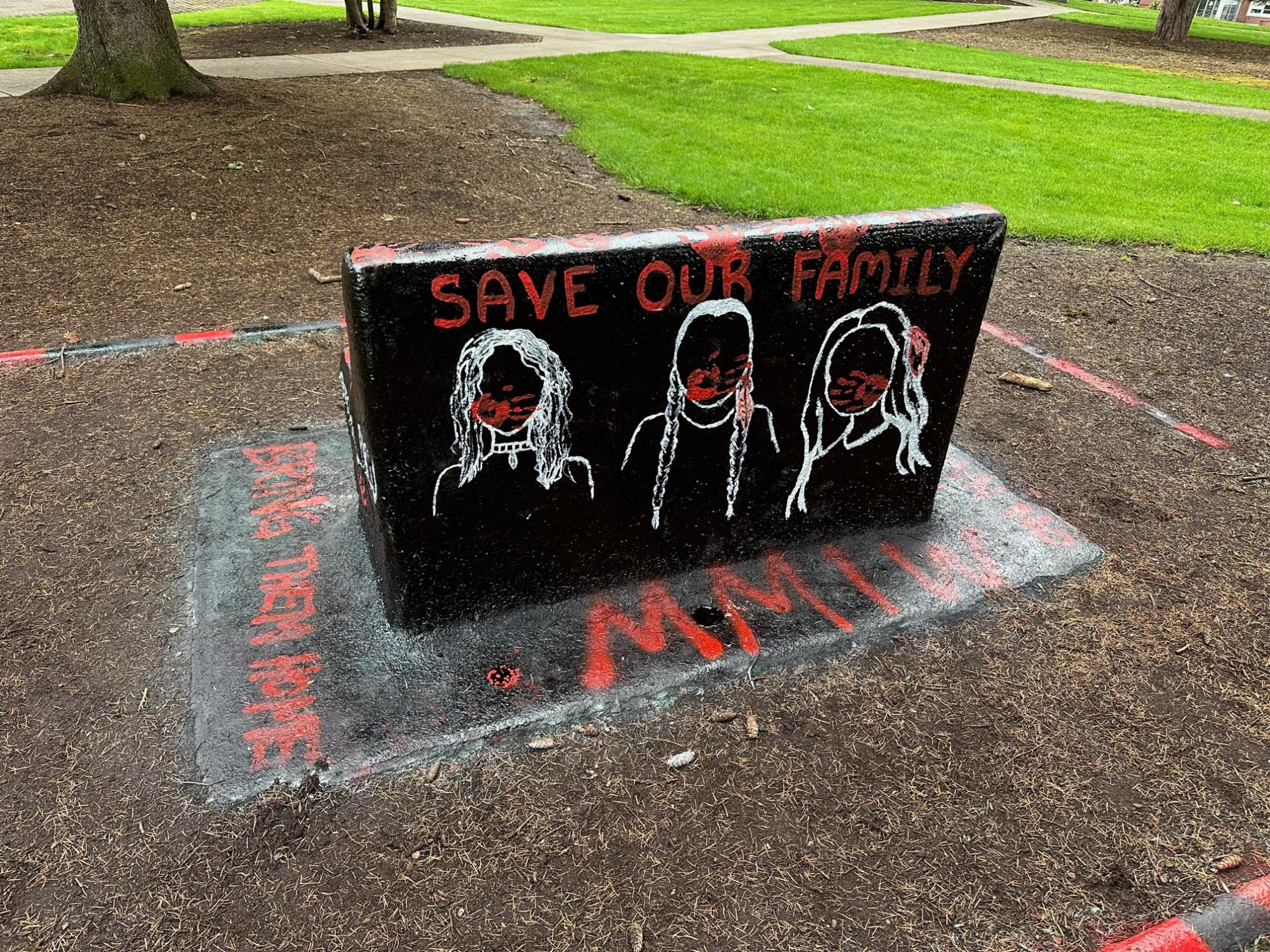 Spirit Bench painted with missing and murdered indigenous women awareness graphics
