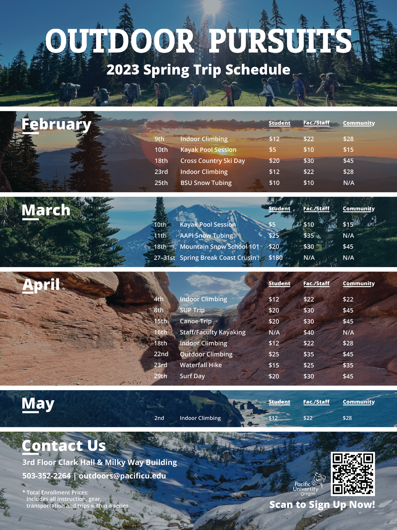 Outdoor Pursuits Spring Trip Schedule 2023