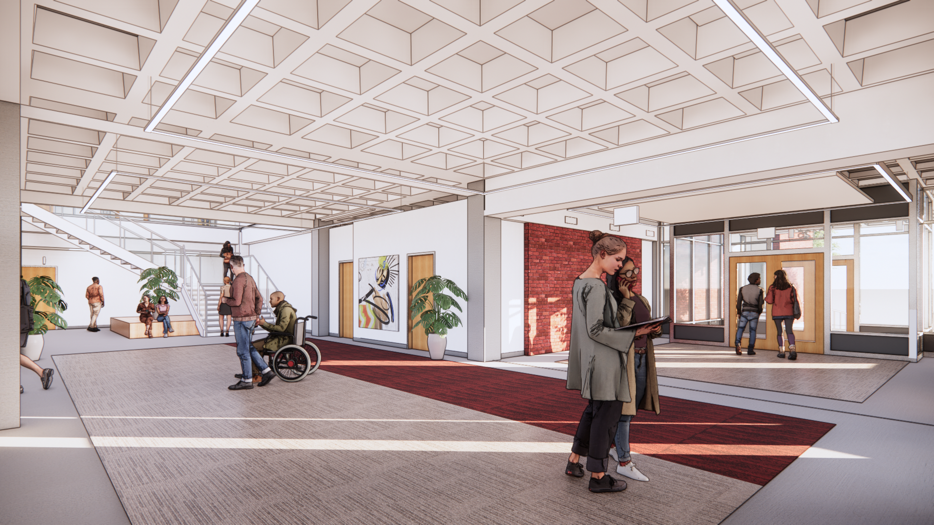Rendering of study spaces on the second floor of Pacific Hall