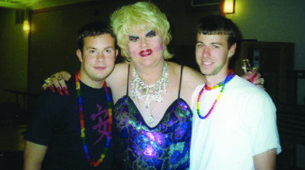Brian McDaniel‘00 (left) and John Purdy ‘01 (right)with legendary Portland drag queen DarcelleXV 1999.