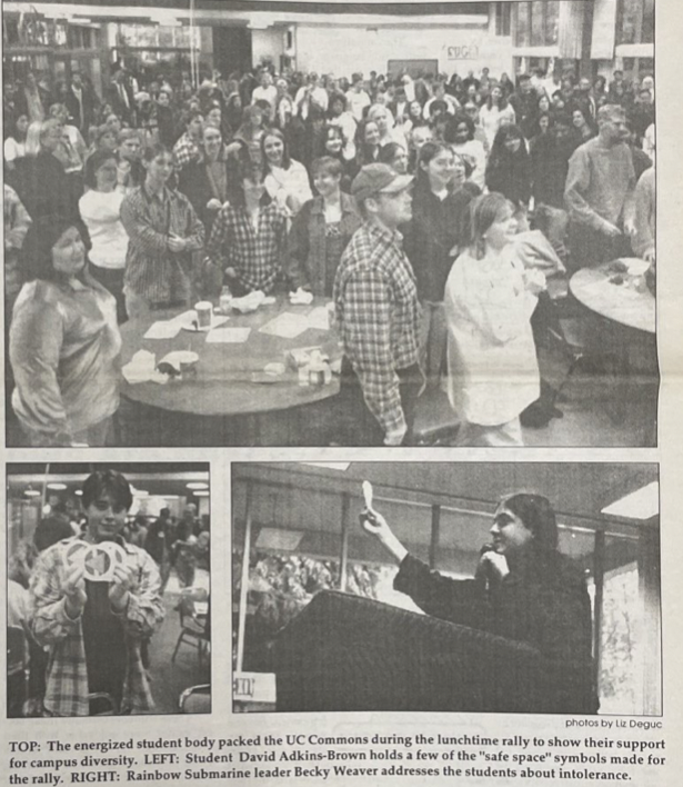 impromptu rally held at the UC in response to homophobic incidents on campus.Courtesy of PacificUniversity Archives.