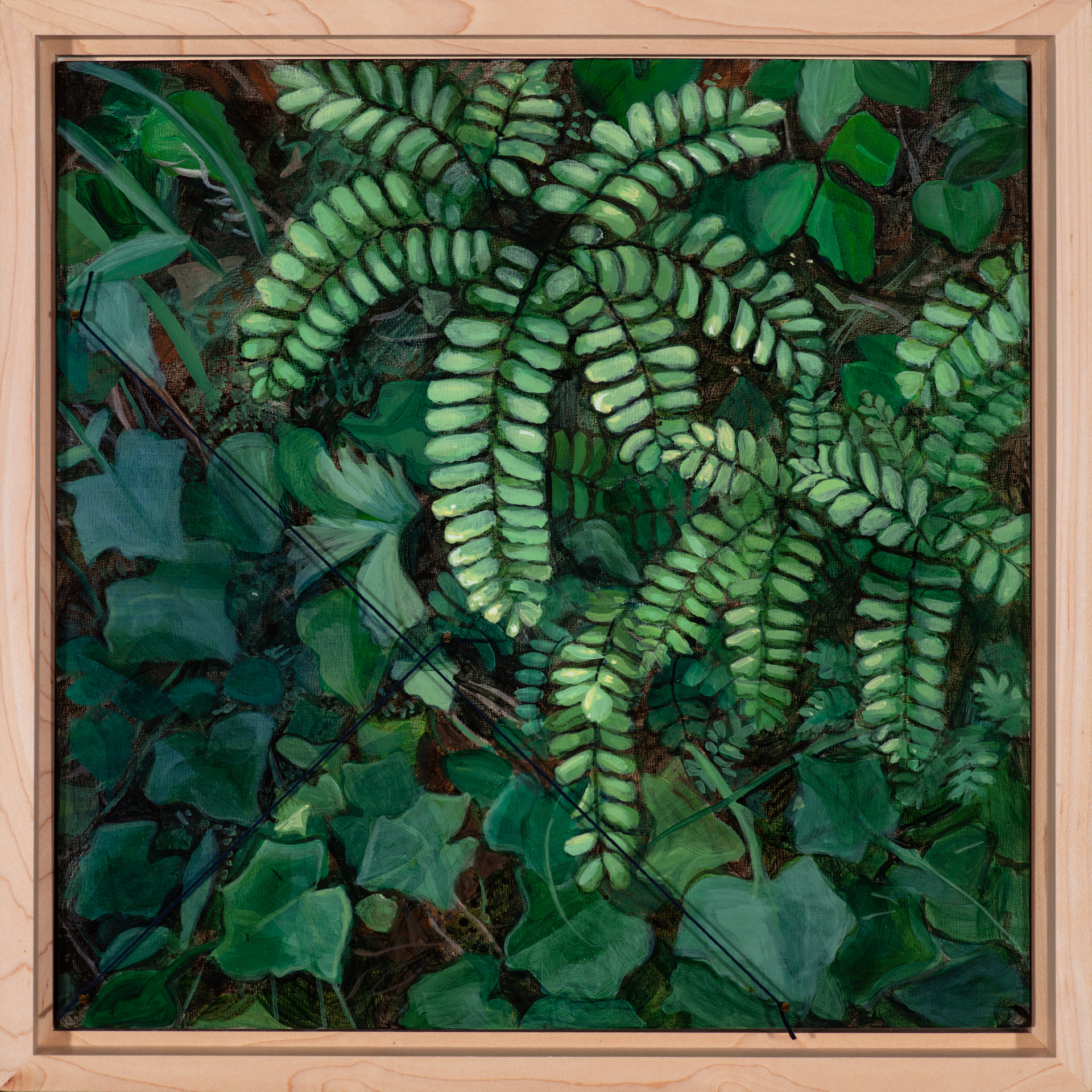 Angel Hair fern in shadow, acrylic on cradled board, embroidery floss, brass nails, 12”   x12”