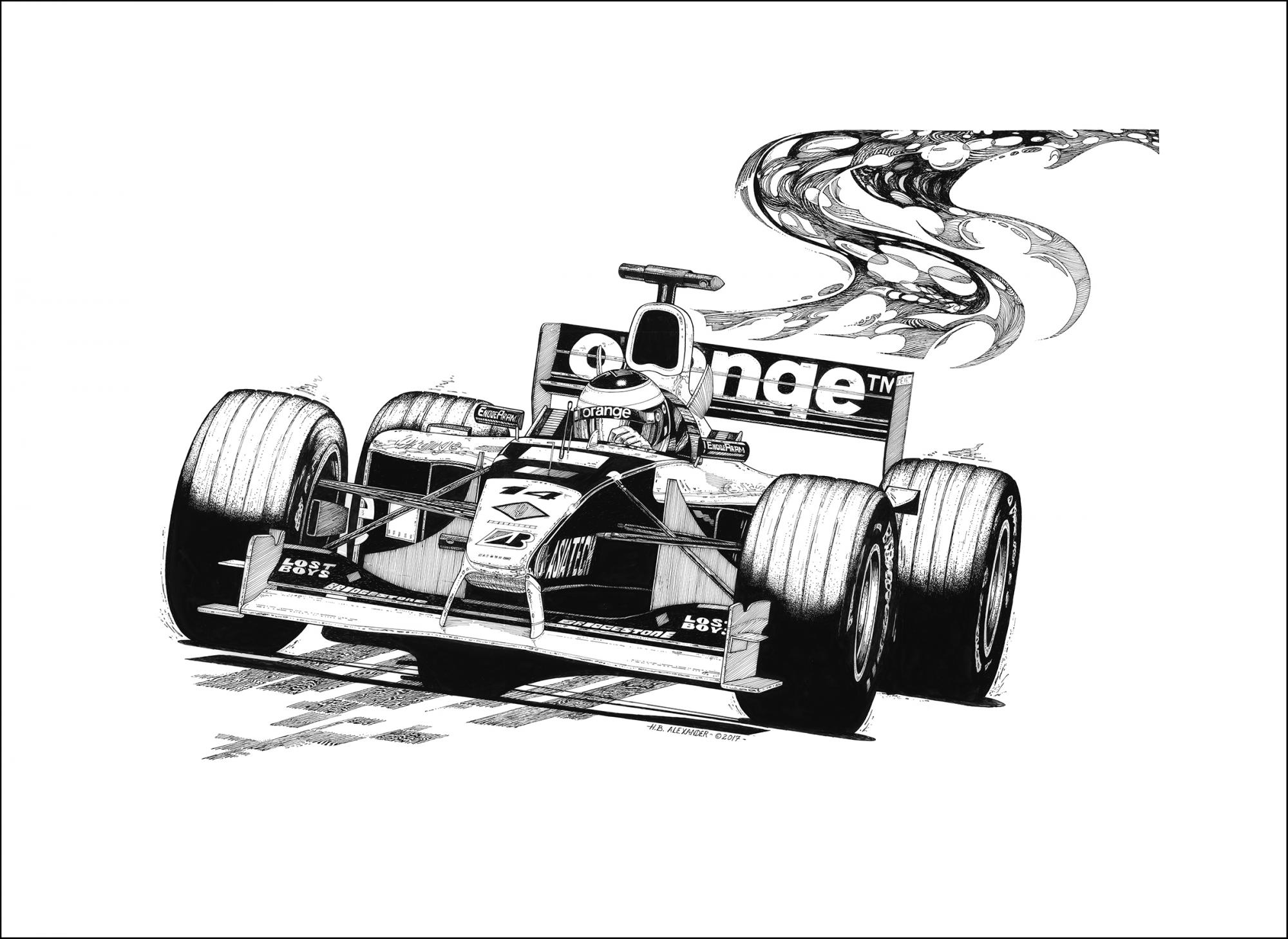 Pen and Ink drawing of racer by Hugh B. Alexander