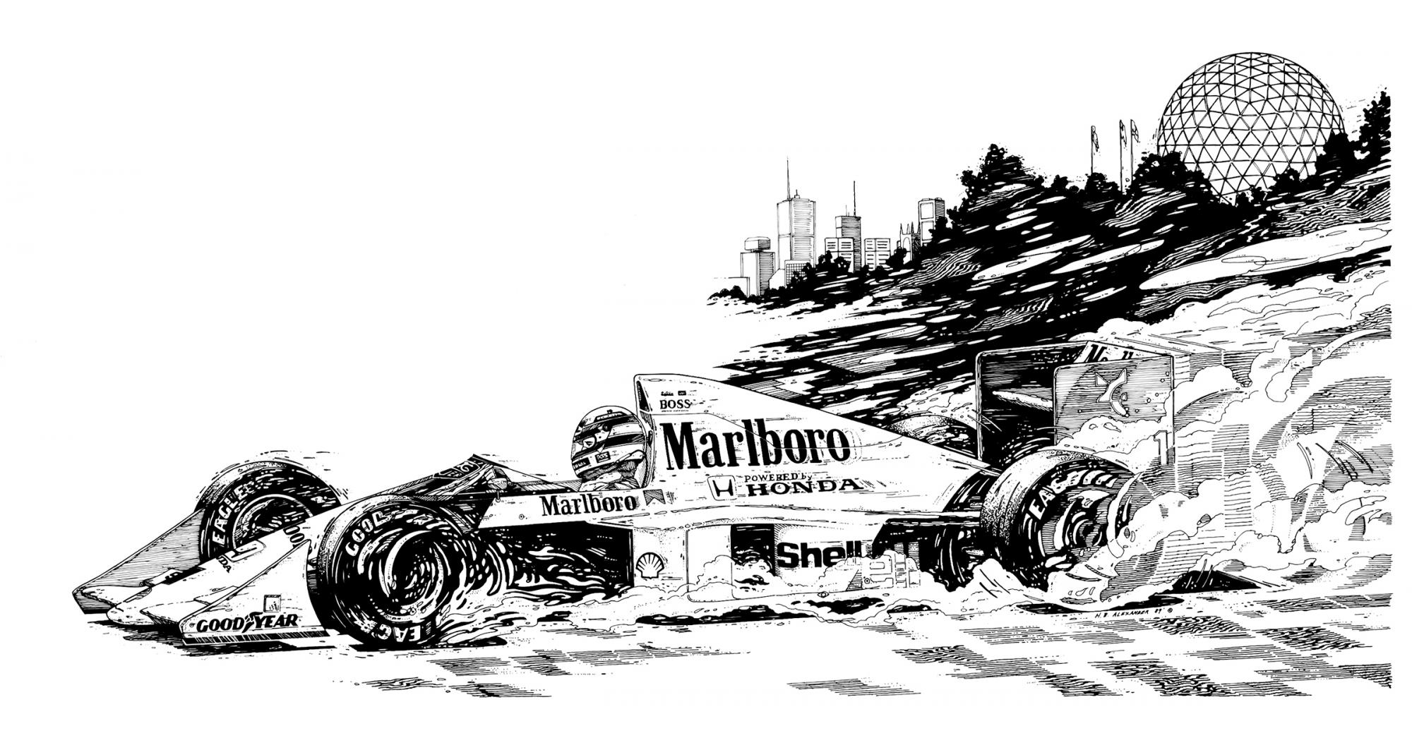 "Marlboro Honda Senna" Drawing by Hugh Barkalow Alexander