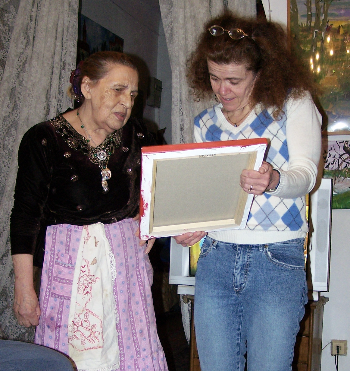 Roma artist and Holocaust survivor Ceija Stojka with Pacific German Professor Lorely French,