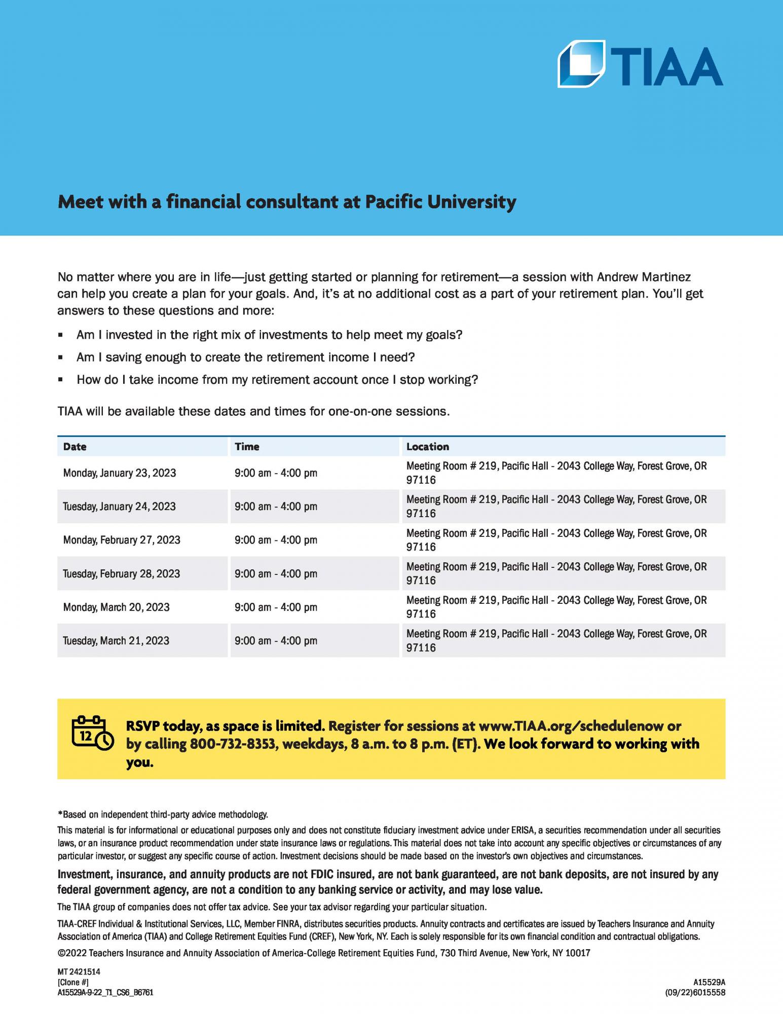 Invitation Flyer for TIAA Financial Consultant Scheduling