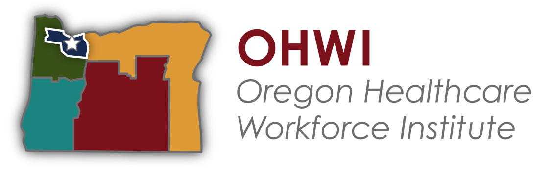 OHWI AHEC Logo. Map of Oregon with highlighted Washington, Multnomah, and Clackamas counties. Text says OHWI Oregon Healthcare Workforce Institute