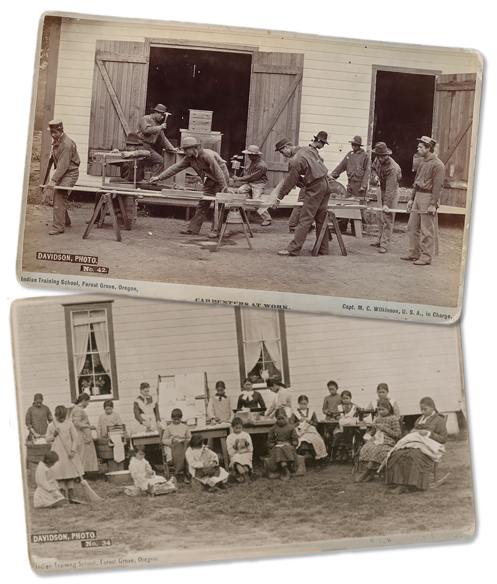 Two archival photographs depicting a men's carpentry class and women's homemaking class