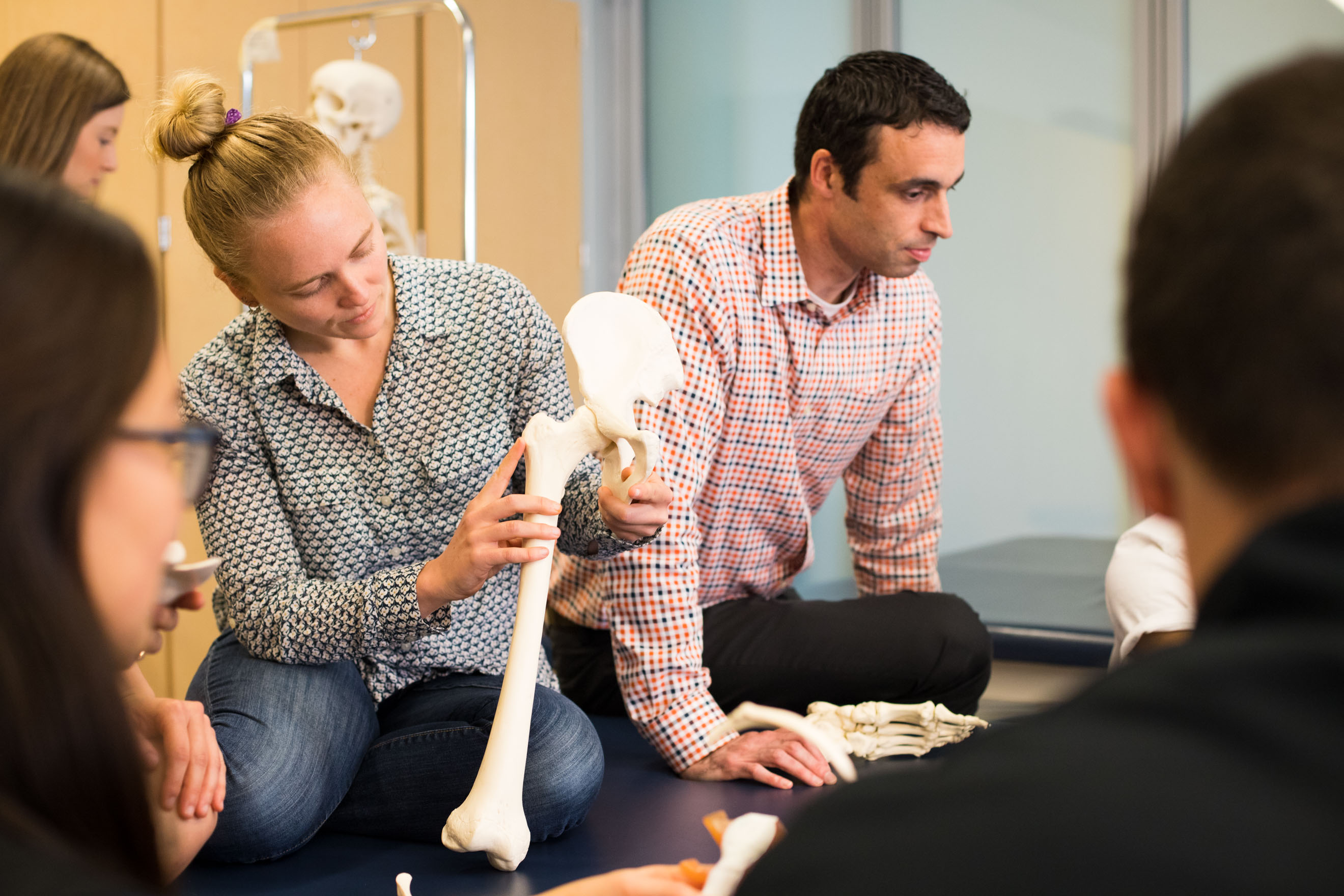 A physical therapy students examines the structure of the femur.