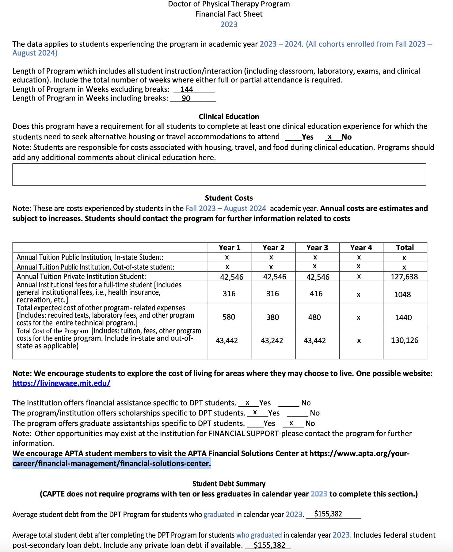 Screenshot of Financial Fact Sheet linked above as a PDF. Contains information about program cost.