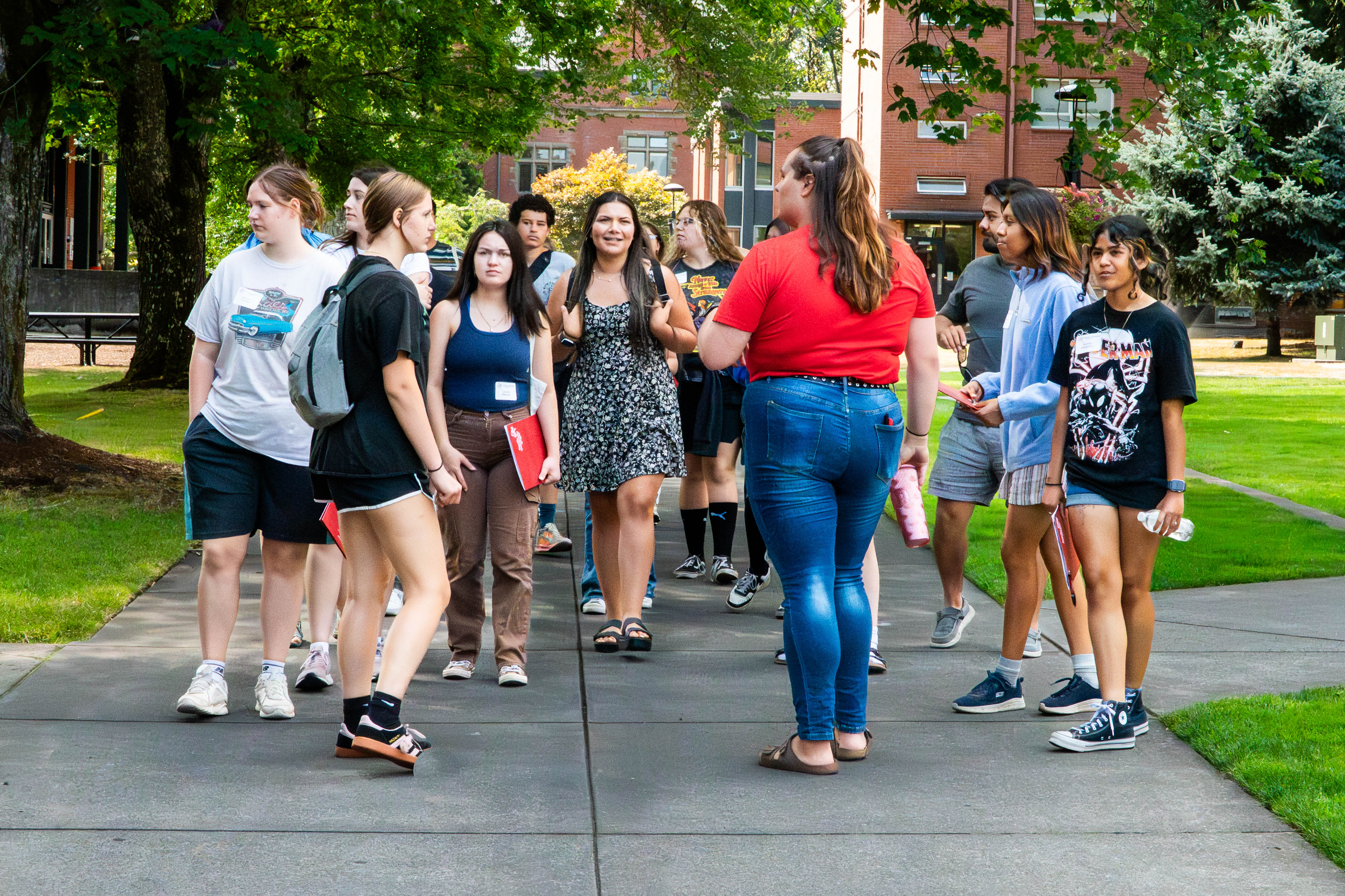 group of students on a tour of Pacific University campus