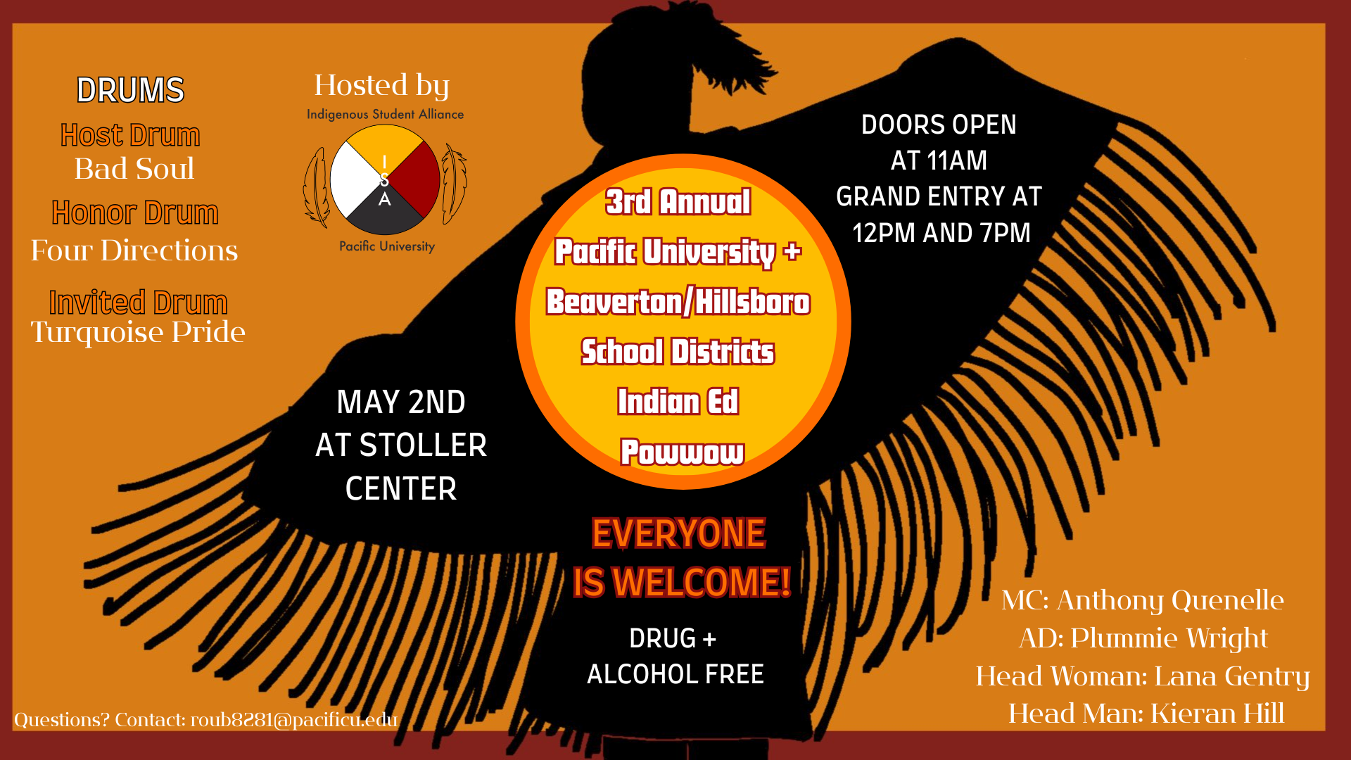 Poster advertising the powwow on May 2 in the Stoller Center. Doors open at 11 a.m.