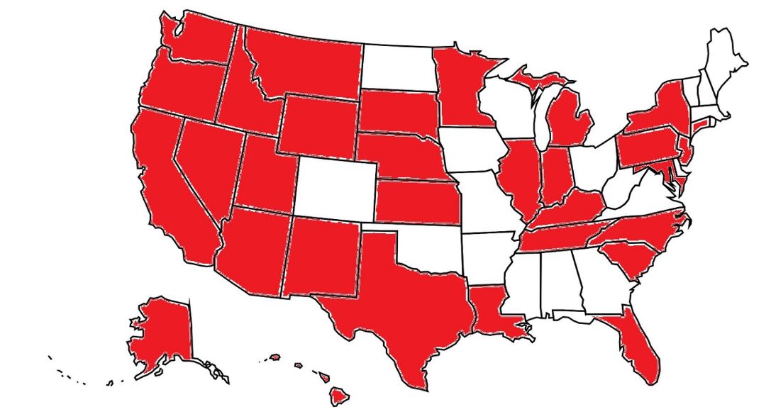 U.S. map with the following states colored red:Alaska Arizona California Conneticut Florida Hawaii Idaho Illinois Indiana Kansas Kentucky Louisiana Maryland Michigan Minnesota Montana Nebraska Nevada New Jersey New Mexico New York North Carolina Oregon Pennsylvania South Carolina South Dakota Tennessee Texas Utah Washington Wyoming