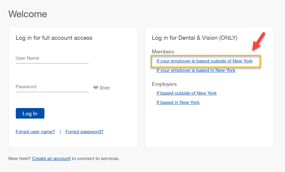 log in screen that shows "if your employer is based outside of New York" circled in gold