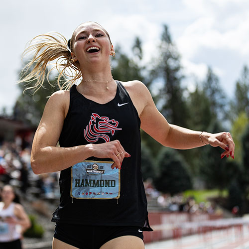Ally Hammond '26 finishes the 100-meter hurdles at the 2026 NWC Track and Field Championships