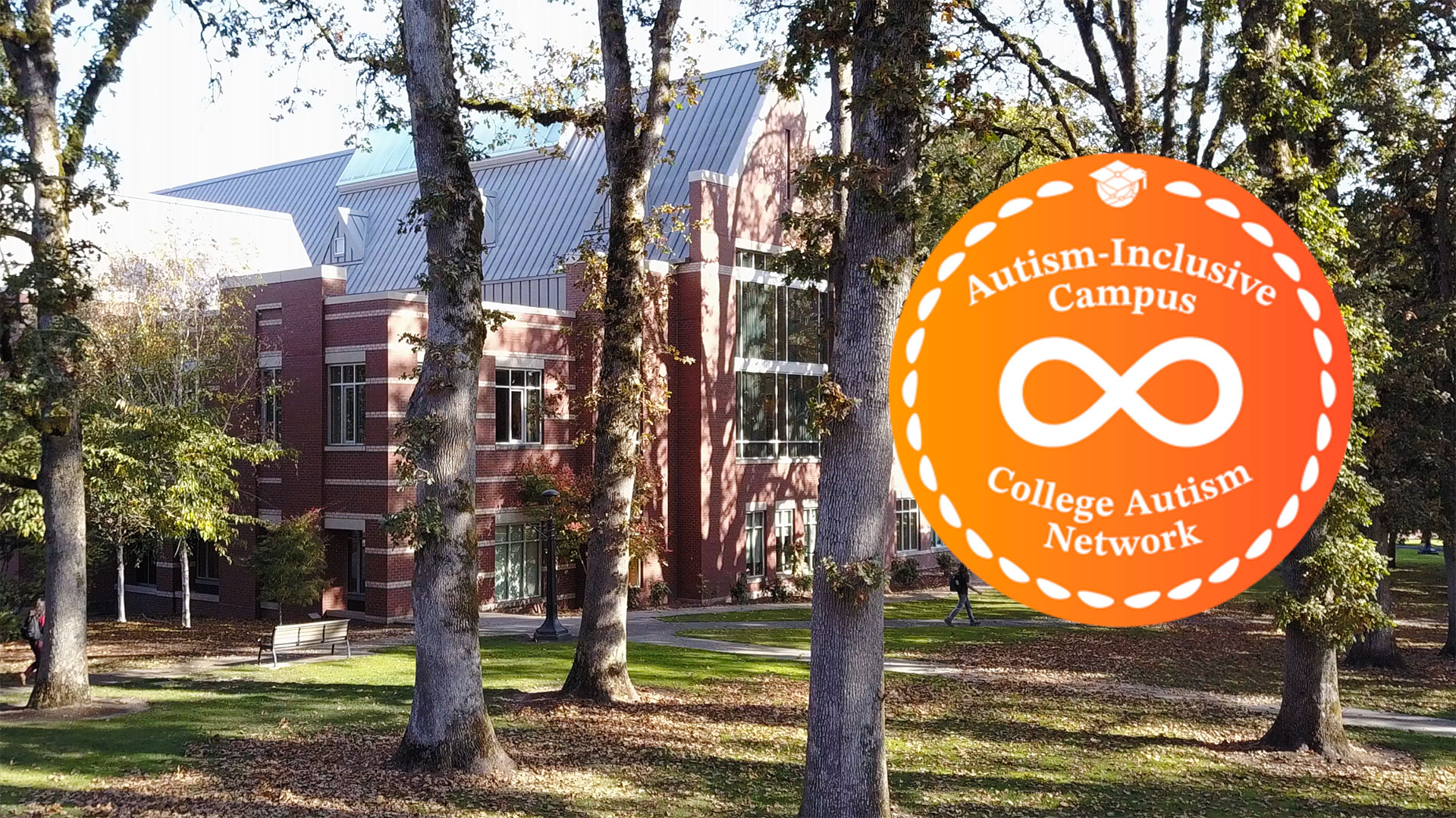 Picture of Pacific University's Tran Library with Autism-Inclusive Campus logo on right