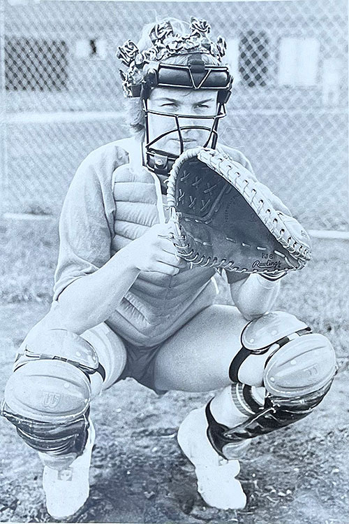 Cindy Schuppert '83 In Softball Catcher's Gear