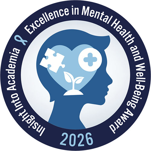 A round seal features the images of a heart, a puzzle piece, a plant and a medical cross inside the head. Around the seal, it reads "Insight Into Academia Excellence In Mental Health and Well-Being Award 2026"