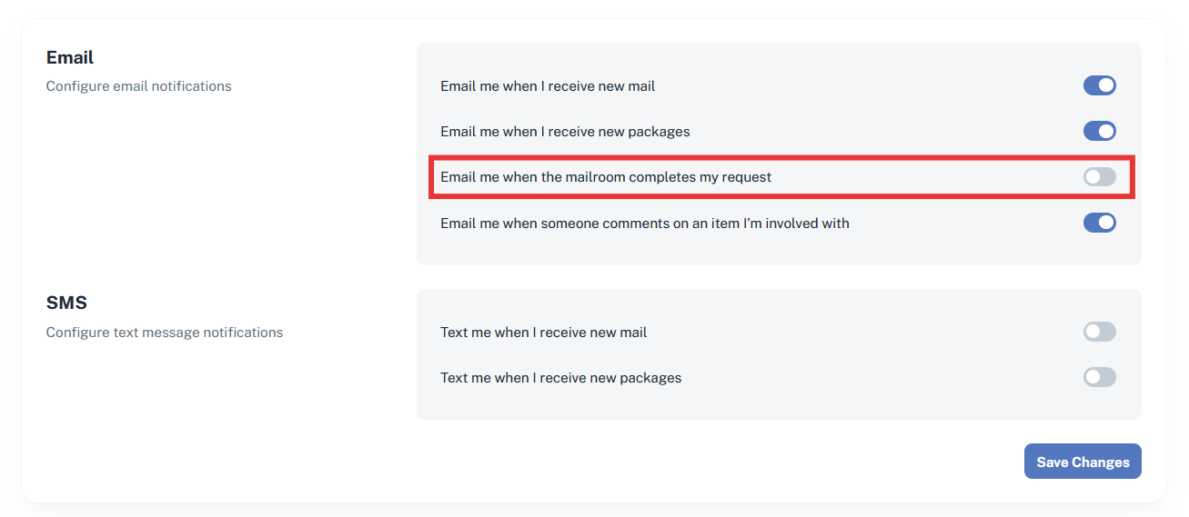 Screenshot of the notifications page, with 'Email me when the mairoom completes me request' in a red box. The toggle on the far right has been set to OFF.