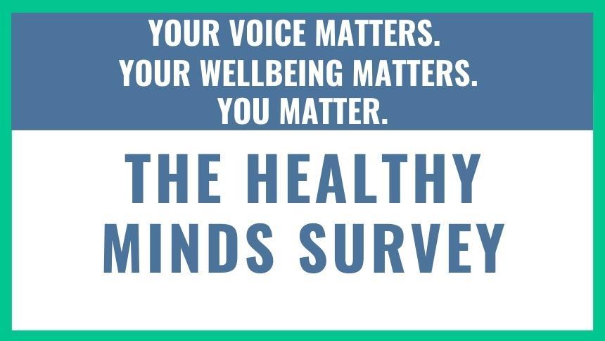 A small banner image for the Healthy Minds Study.  In a blue box on the top are the statements in white text, "Your voice matters, Your wellbing matters, and you matter".  In a white text box below, in blue letters are the words "The Healthy Minds Survey".  The text boxes are surrounded by a green border.