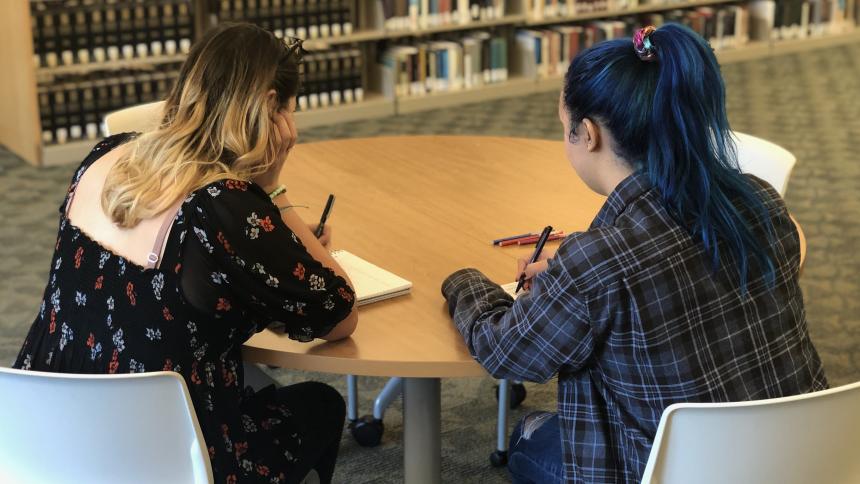 Two students work at a table with their backs to the camera
