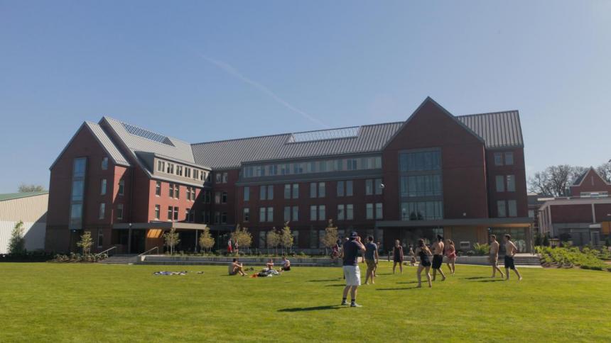 Students playing in lawn of cascade