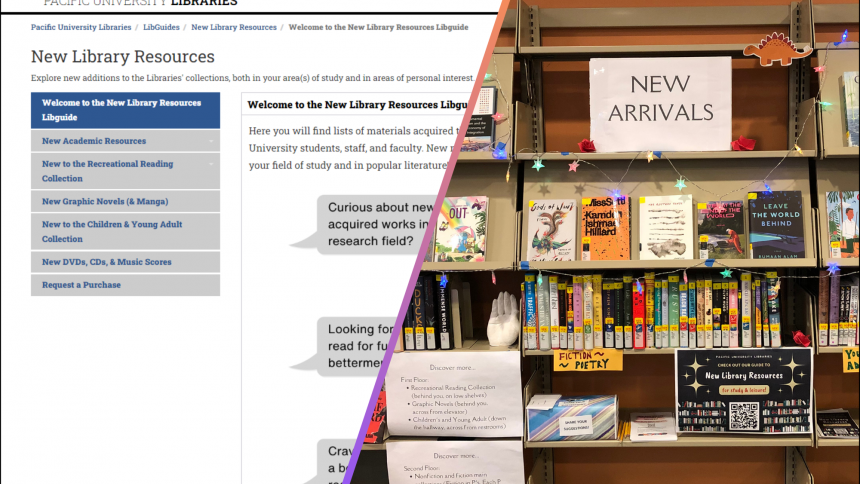A screenshot of the New Library Resources Libguide and a photo of the New Books Shelf