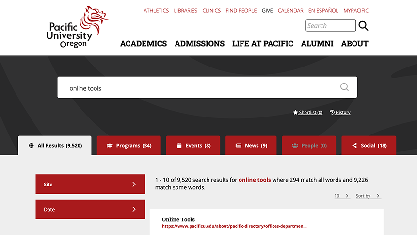 Screen shot of pacificu.edu search platform