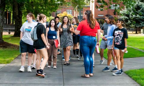 group of students on a tour of Pacific University campus