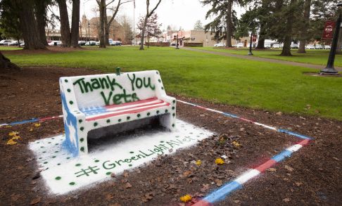 The Spirit Bench on Pacific University's Forest Grove Campus is decorated to celebrate veterans.