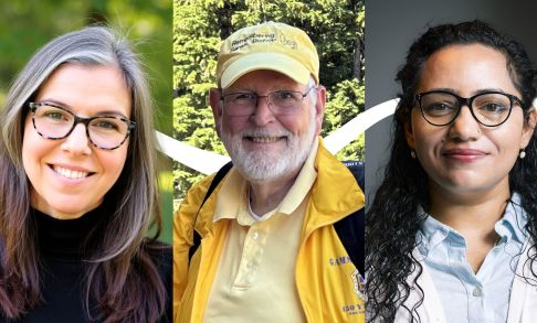 Head shots of Jessica Scruggs '09, Bruce Bishop '68 and Papita Dhungel MS '19