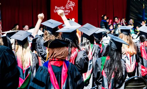 A group of graduates face the stage waiting for their commencement to start.