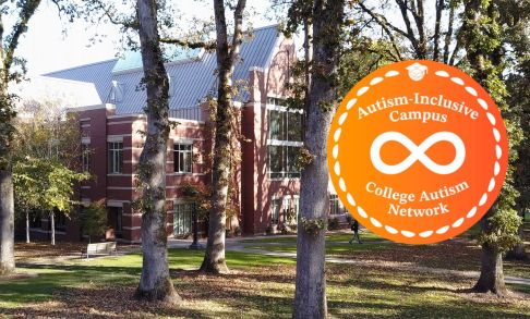 Picture of Pacific University's Tran Library with Autism-Inclusive Campus logo on right