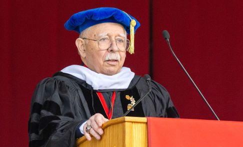 Pacific Professor Emeritus of English Mike Steele speaks at Pacific's 2026 commencement.