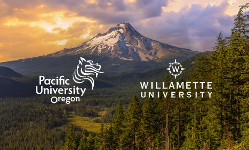A photo of Mt Hood, overlaid with the Pacific University and Willamette University logos, combined by a plus sign