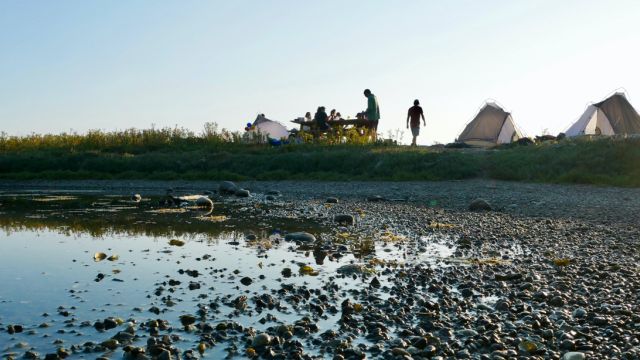 students camping by the river