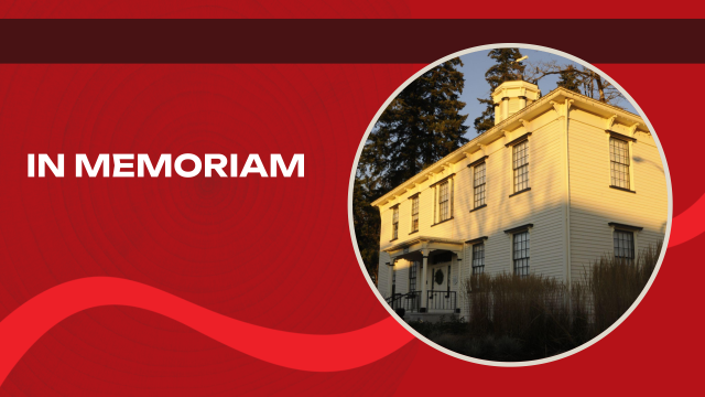 A graphic reading "In Memoriam" with a photo of Old College Hall at sunset