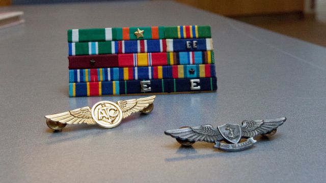 A collection of badges representing military service