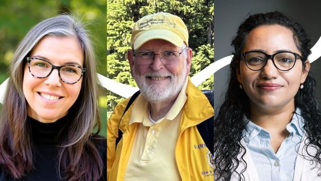 Head shots of Jessica Scruggs '09, Bruce Bishop '68 and Papita Dhungel MS '19