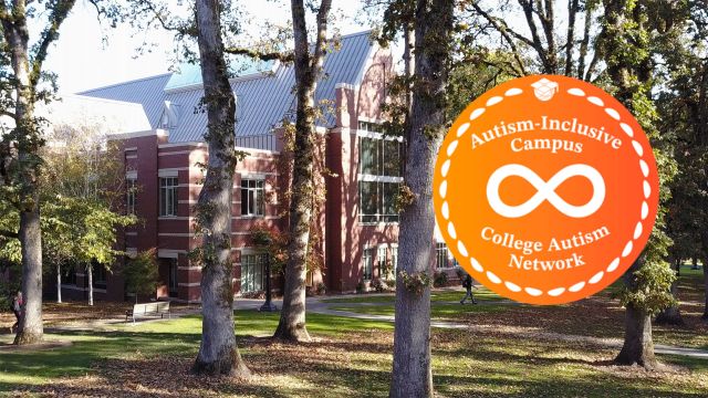 Picture of Pacific University's Tran Library with Autism-Inclusive Campus logo on right