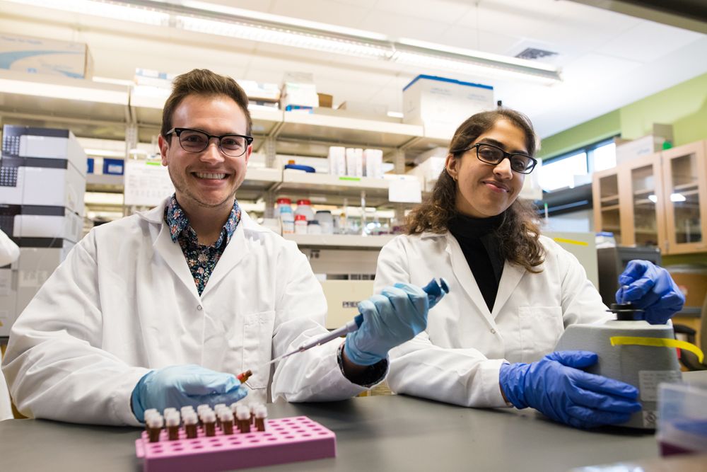 Two students in a pharmacy lab