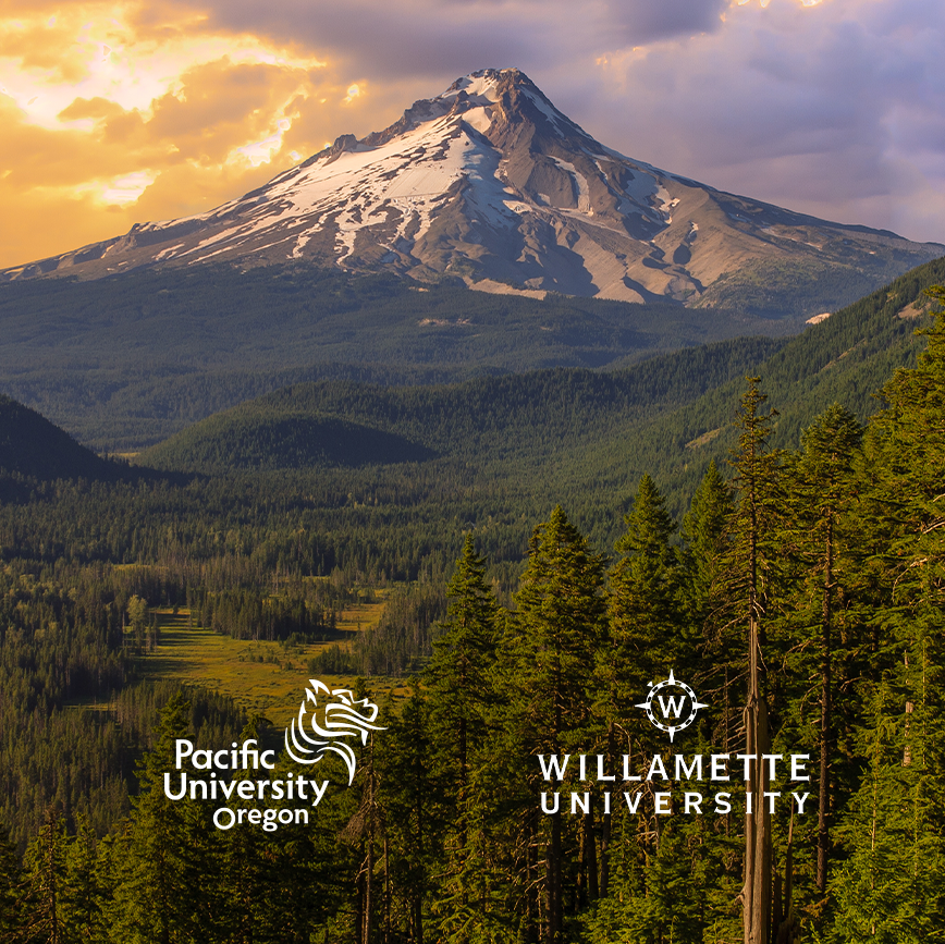 Mt Hood with logos from Pacific and Willamette universities