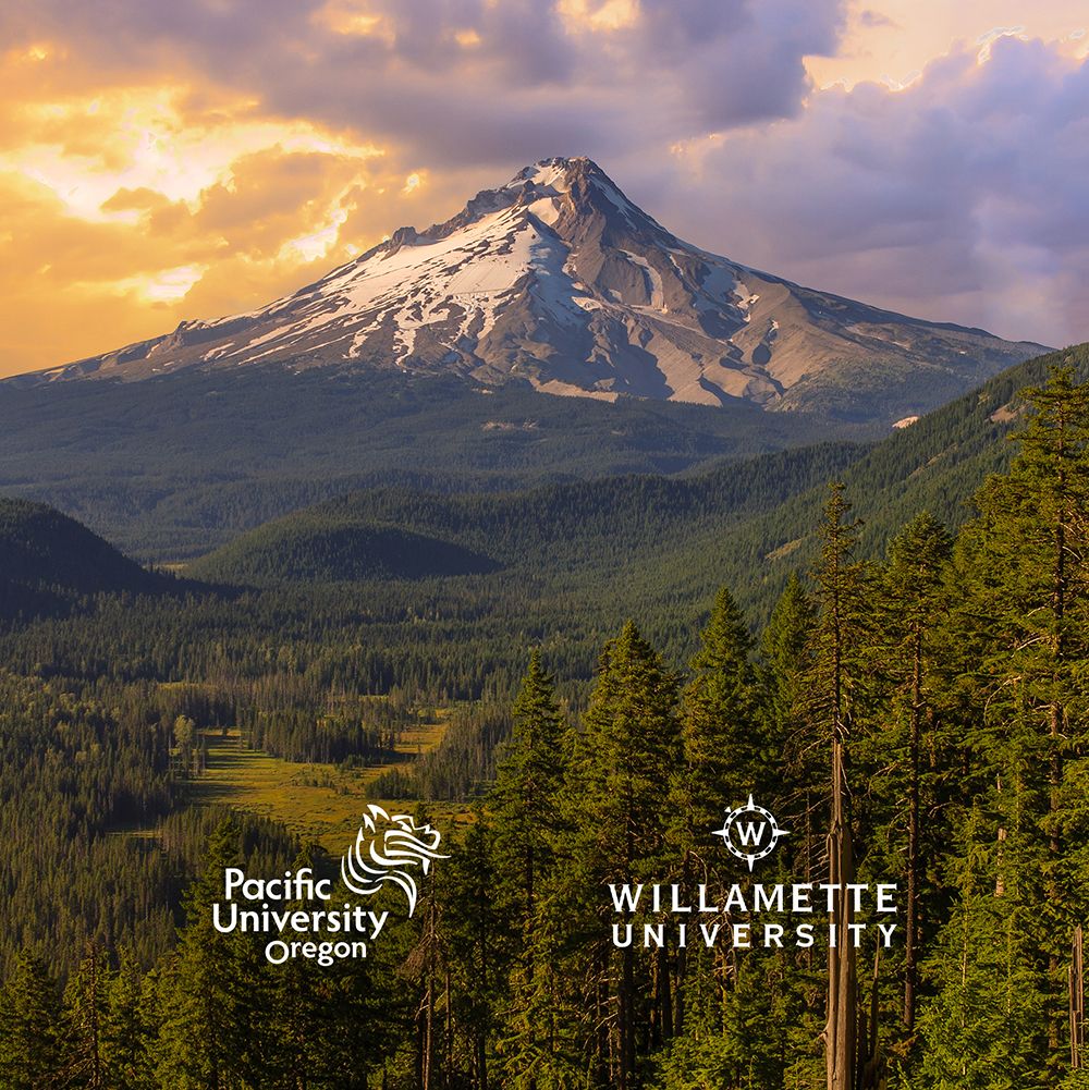 Mt Hood with logos from Pacific and Willamette universities