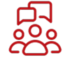 Red line icon depicting a group of three people with speech bubbles above them