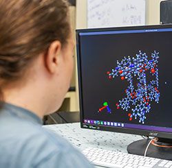 A feamle student looks at a computer screen with a model of a molecule of a metal-organic framework. You see the back of the student's head and her right ear.
