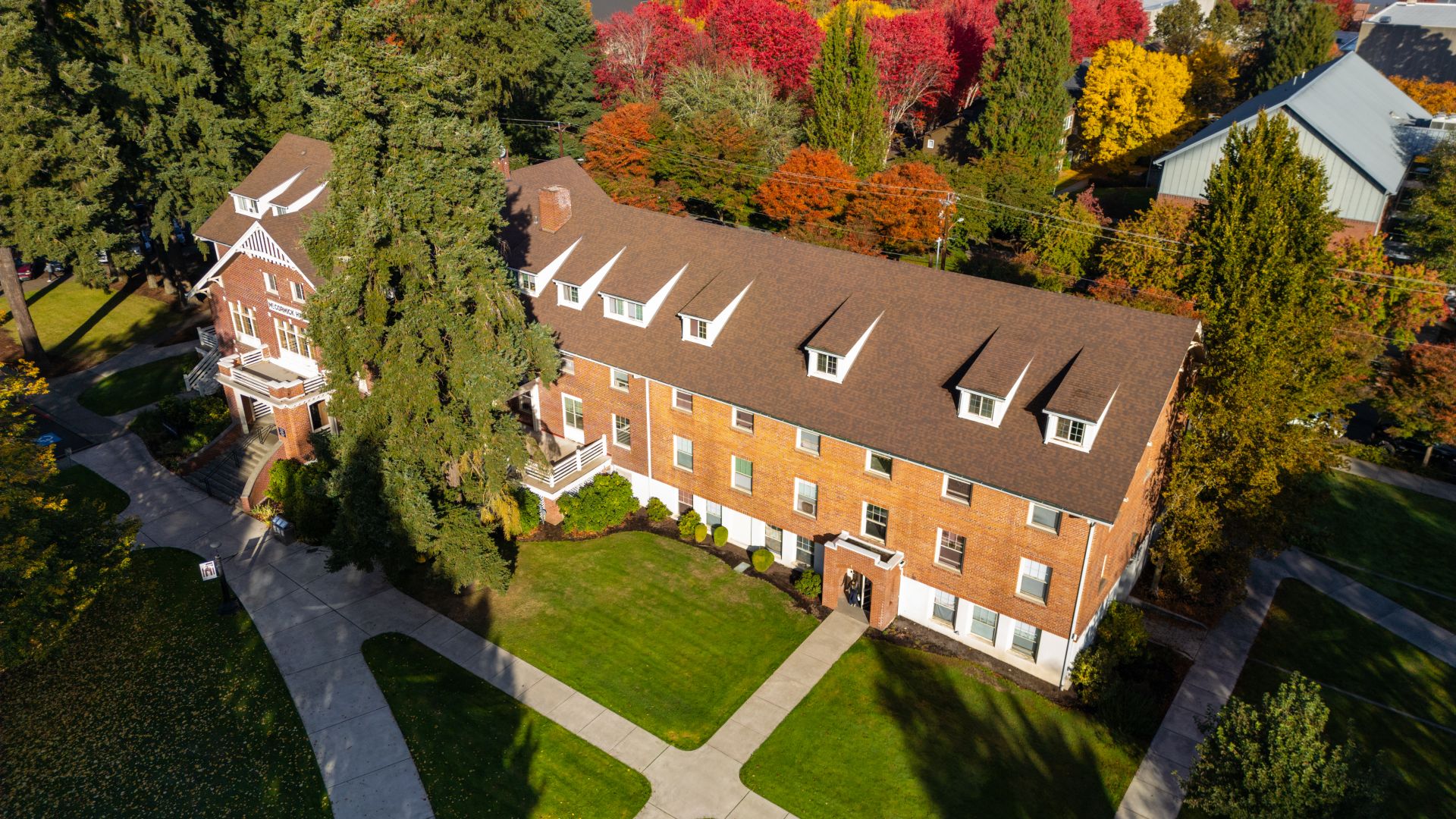An overhead view of McCormick Hall on Pacific's Forest Grove Campus