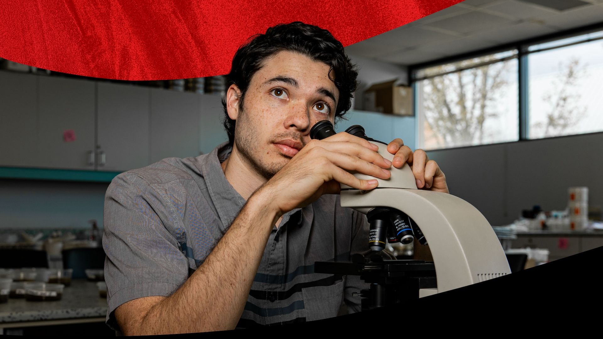 A male student conducting research using a microscope in a university science laboratory