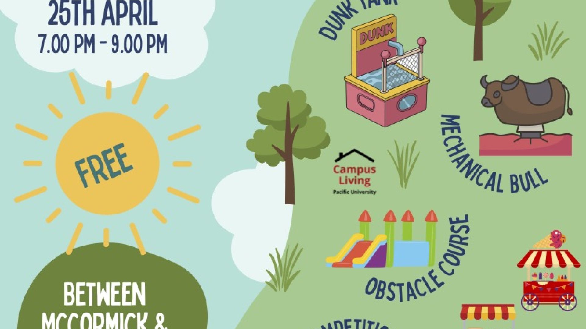 A colorful event flyer for “Boxer Bash” at Pacific University. The design features photos of outdoor equipment and activities, including a mechanical bull ride and game structures, with decorative illustrations of trees, a carnival booth, and a balloon animal. Text highlights activities such as face painting and balloon twisting, along with event timing from 7:00 PM to 9:00 PM. The overall theme is a festive, outdoor campus celebration.