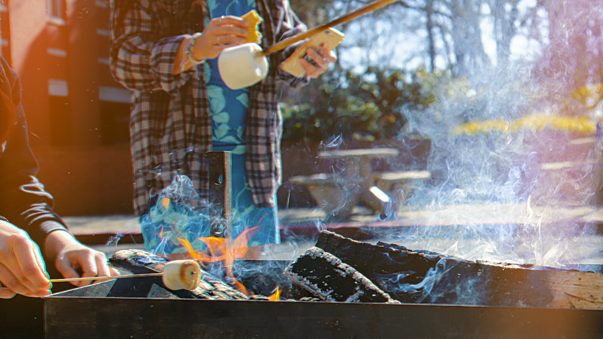 Students roast marshmallows over a fire. 